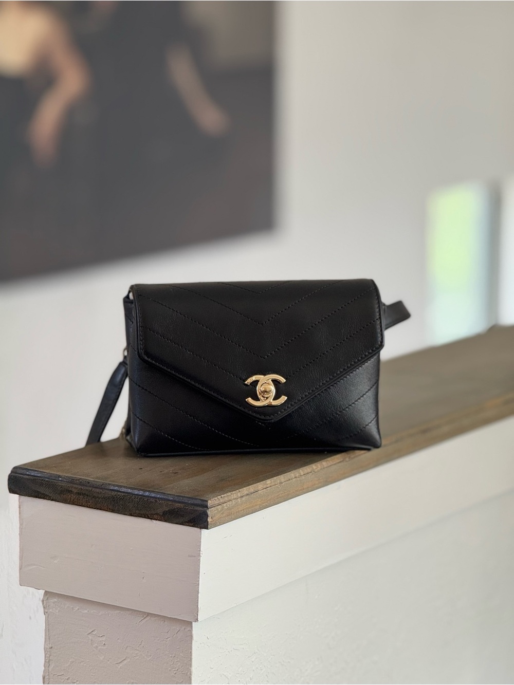 CHANEL Black Chevron Calfskin Stitched Coco belt bag Gold CC